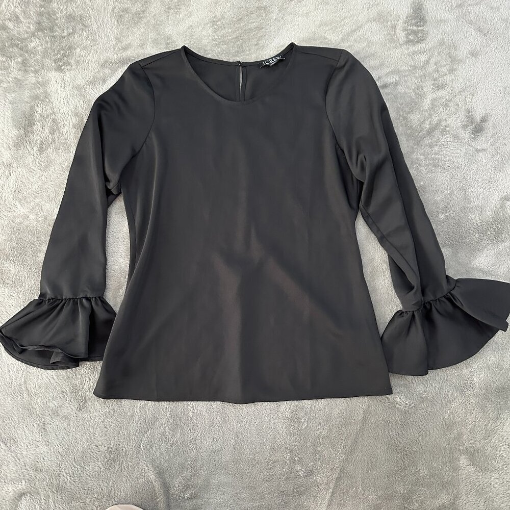 J. Crew Black Satin Garden Ruffle Sleeve Top Blouse Women's MEDIUM Tall MT